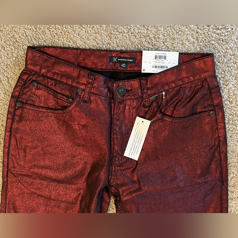 INC Berlin slim straight metallic jeans, red, 30 waist, NWT